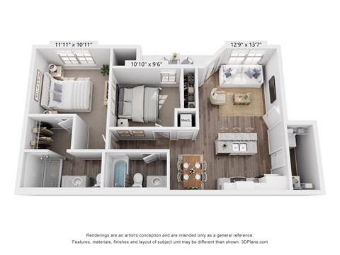 Floor plan for 2 beds, 2 baths, 1016 sqft